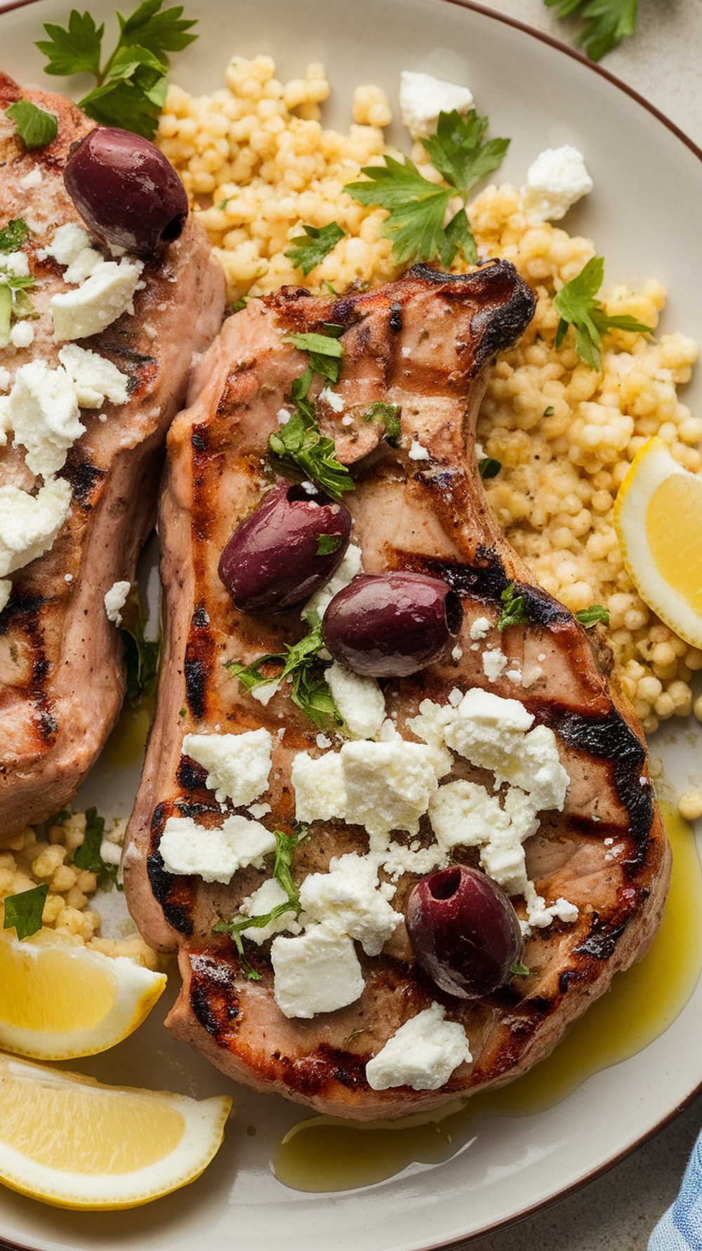 Grilled pork chops topped with feta cheese and olives on a plate with couscous and lemon wedges.