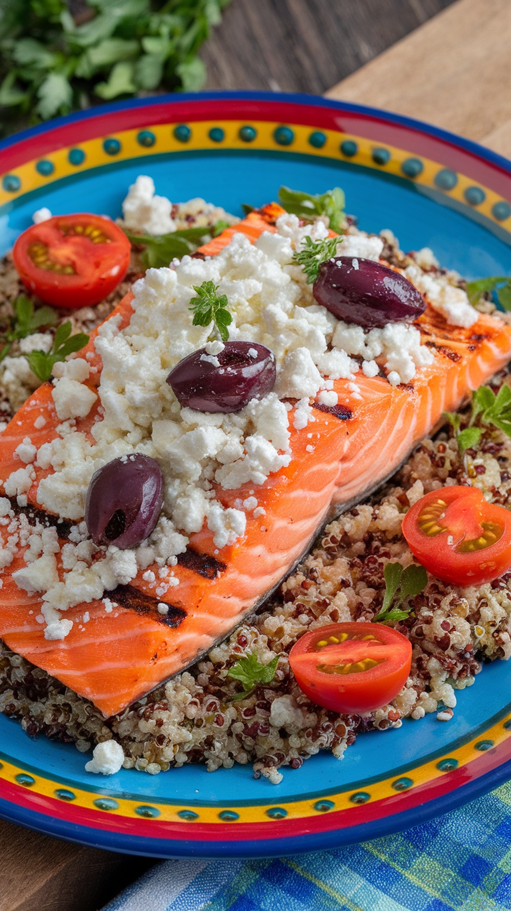 A colorful plate of Mediterranean grilled salmon topped with feta, olives, and cherry tomatoes, served over quinoa.