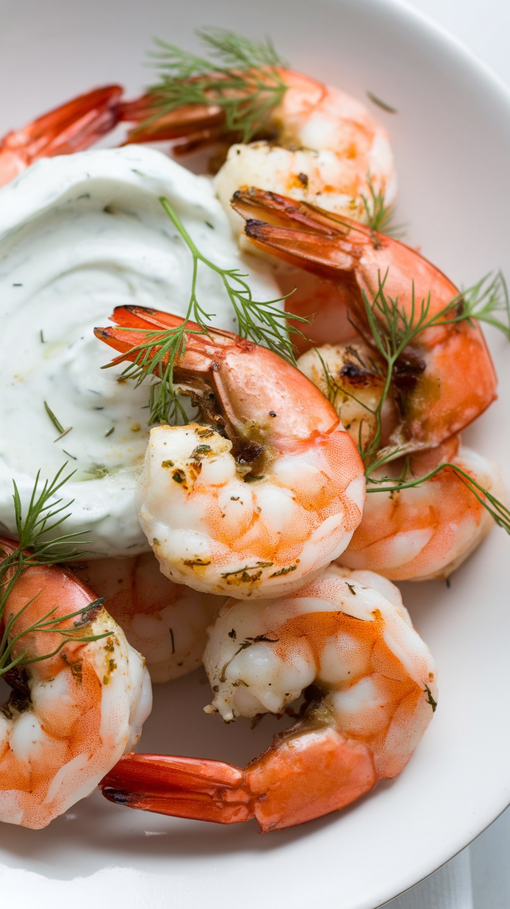 Mediterranean grilled shrimp served with tzatziki sauce and garnished with dill.