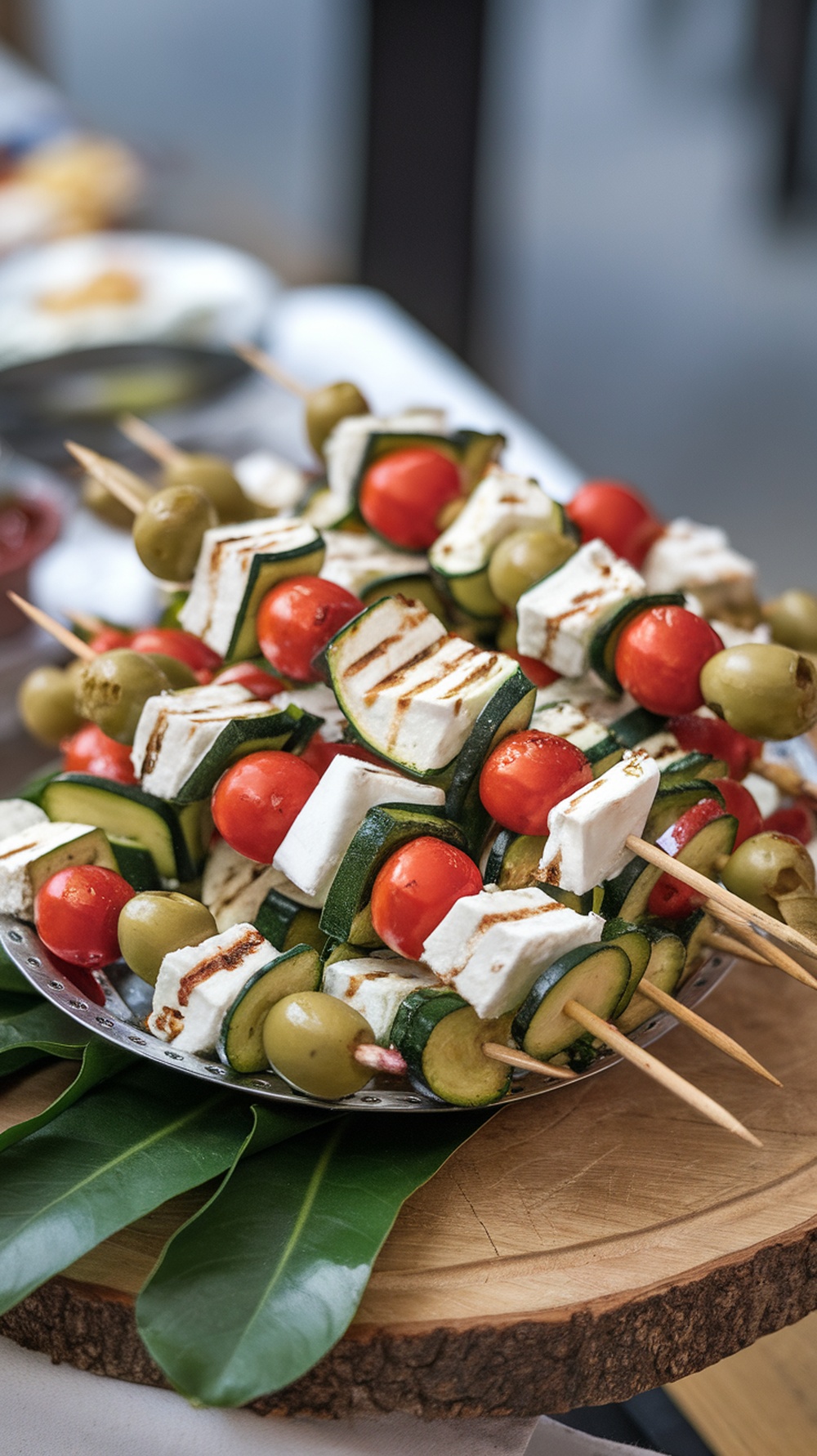 A plate of Mediterranean Grilled Zucchini and Feta Skewers with olives and cherry tomatoes.