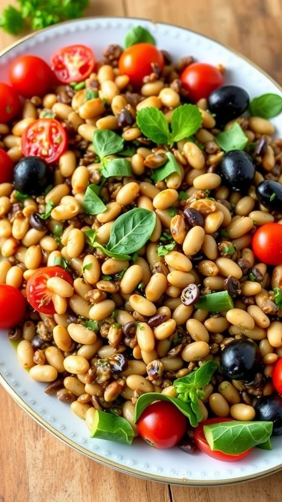 A colorful Mediterranean Lentil and Bean Salad with cherry tomatoes, olives, and herbs.