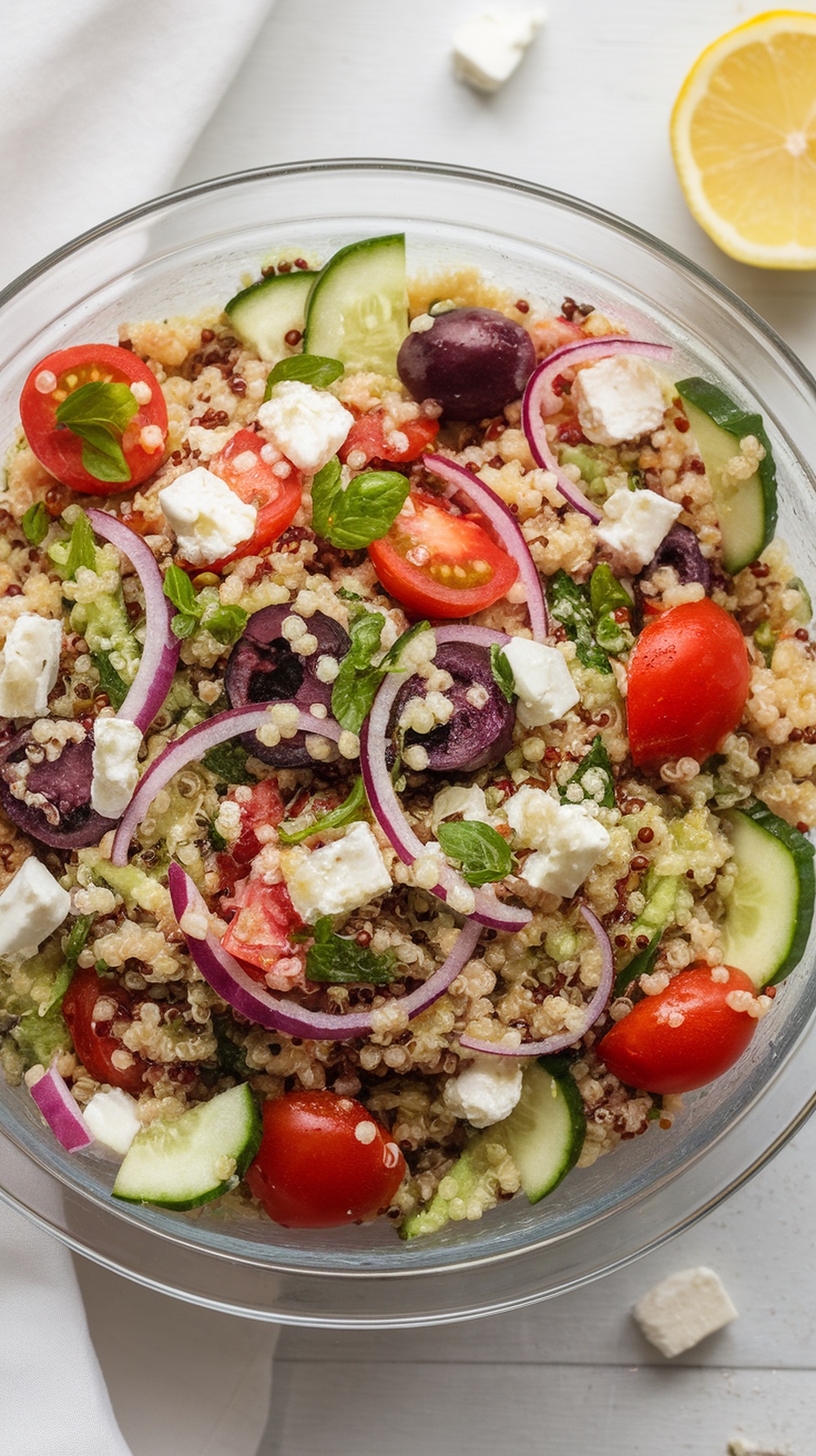 A colorful Mediterranean quinoa salad with tomatoes, cucumbers, olives, and feta cheese.