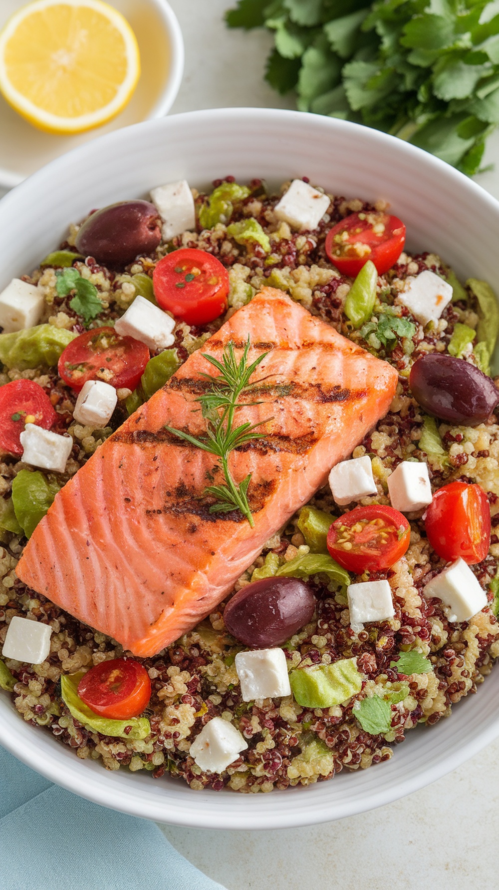 A bowl of Mediterranean Quinoa Salmon Salad with grilled salmon, quinoa, cherry tomatoes, olives, and feta cheese.