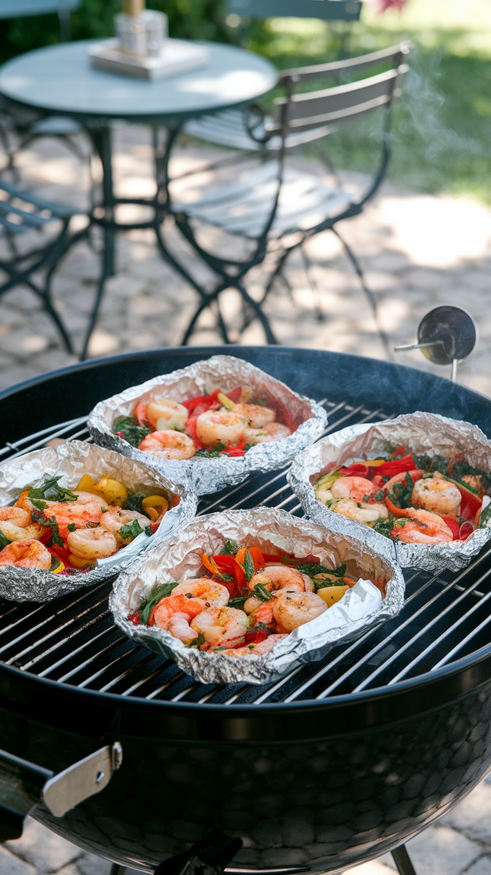 Grilled shrimp and vegetables in foil packets on a barbecue grill