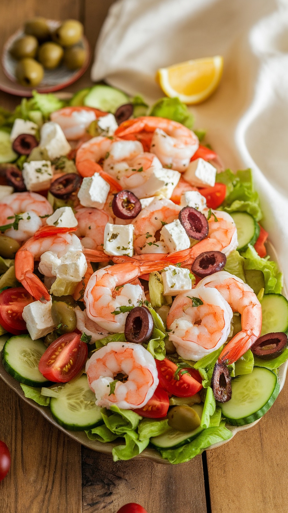 A vibrant Mediterranean shrimp salad featuring shrimp, feta cheese, olives, and fresh vegetables.