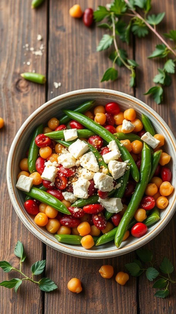 A colorful Mediterranean Three-Bean Salad with Feta in a bowl