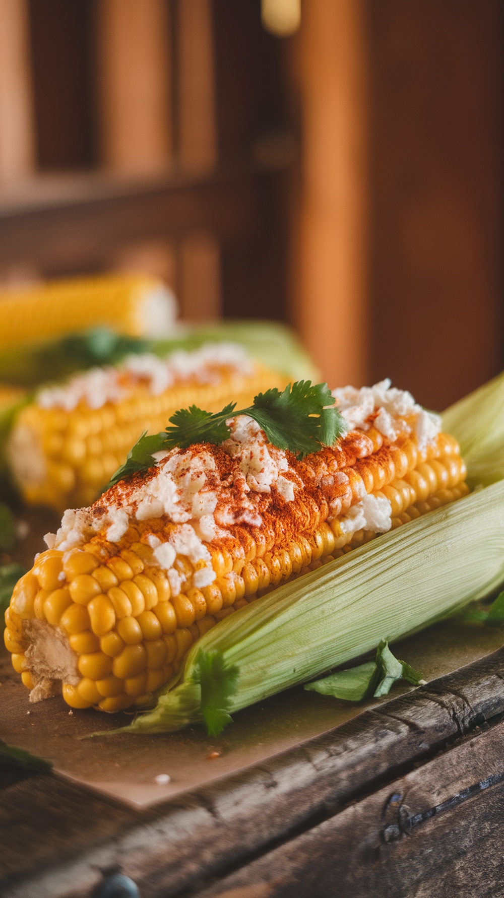 Mexican street corn topped with cotija cheese and chili powder, garnished with cilantro