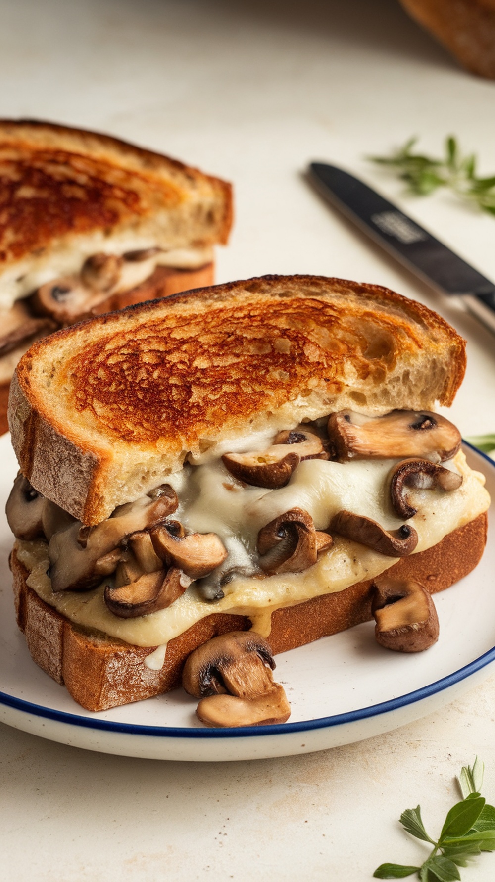 A delicious Mushroom and Swiss grilled cheese sandwich on a plate.