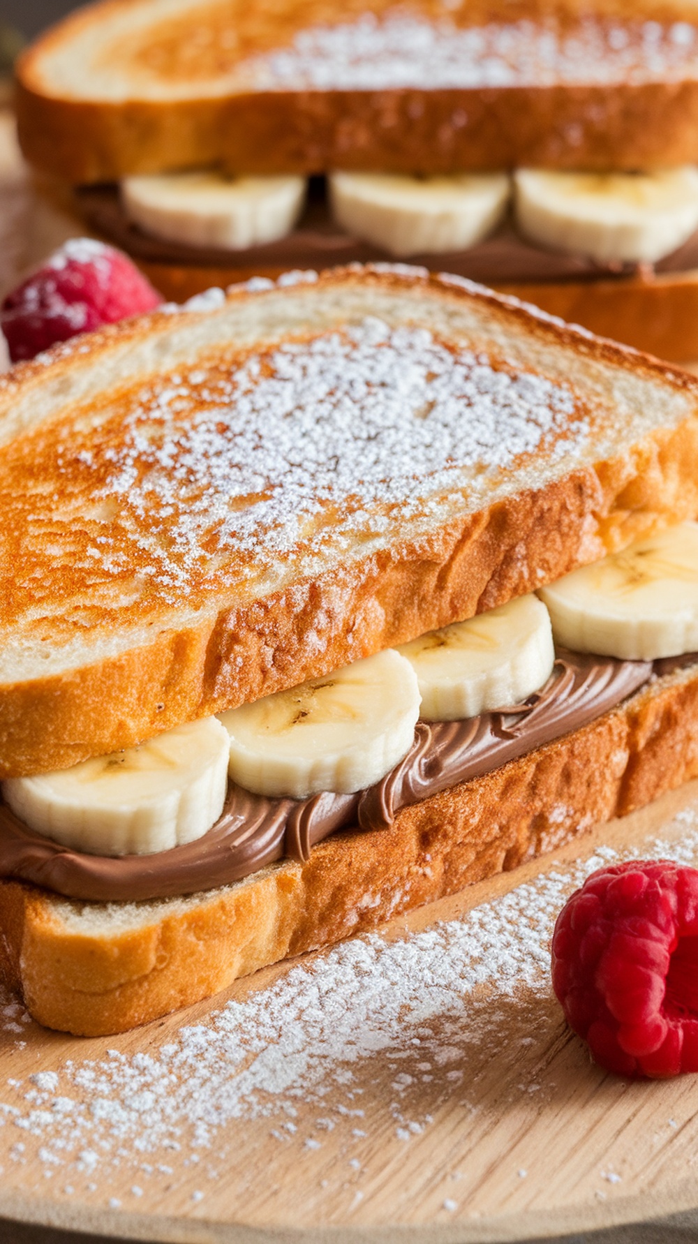 Nutella and banana grilled cheese sandwich with powdered sugar on top