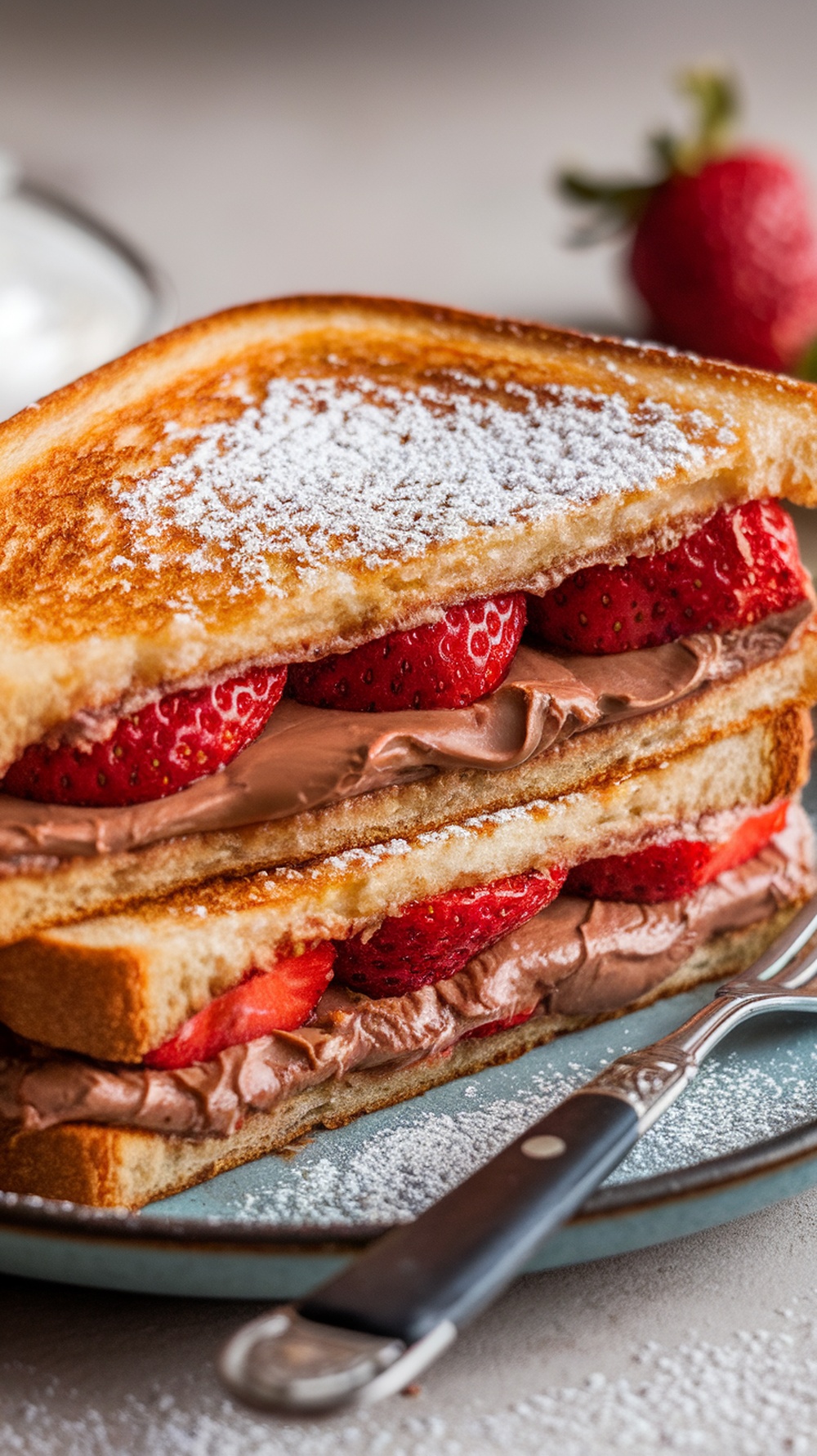 Nutella and Strawberry Grilled Cheese sandwich with powdered sugar on top