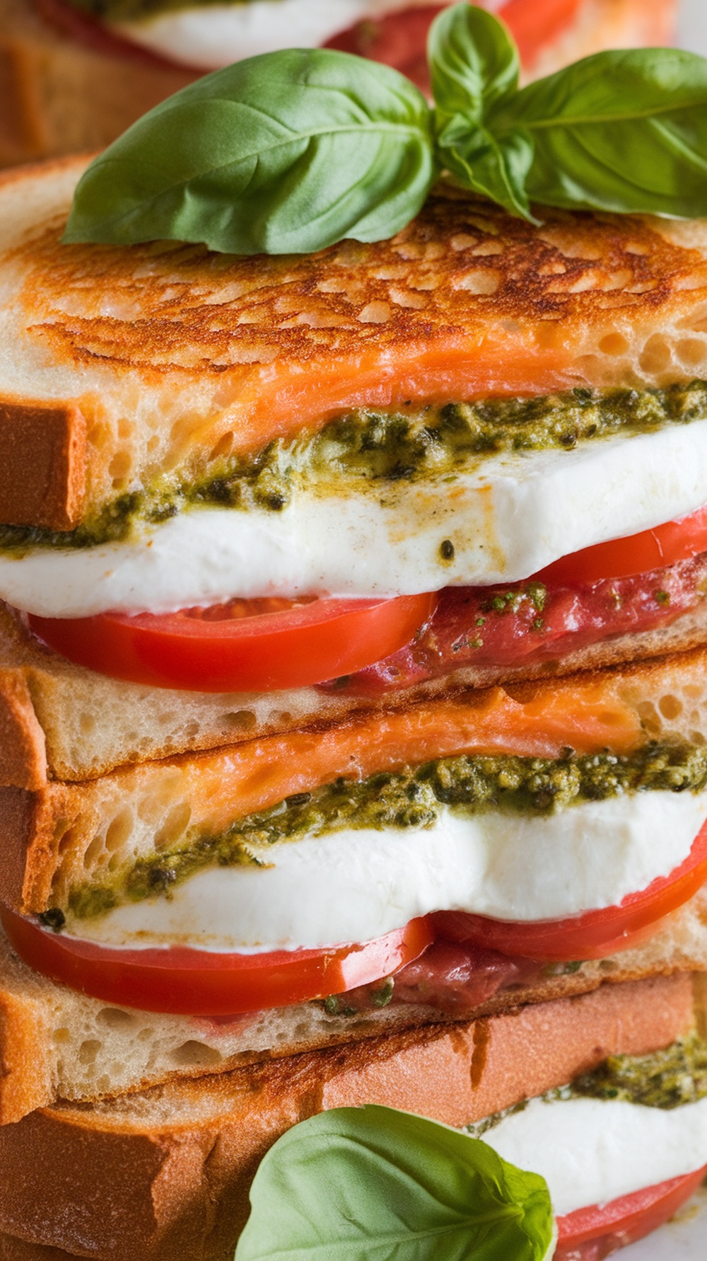 A delicious Pesto and Tomato Caprese Grilled Cheese sandwich stacked with layers of mozzarella, tomato, and pesto, garnished with fresh basil.