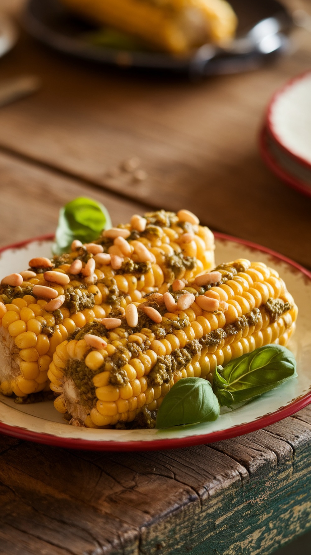 Pesto grilled corn on the cob topped with toasted pine nuts and fresh basil