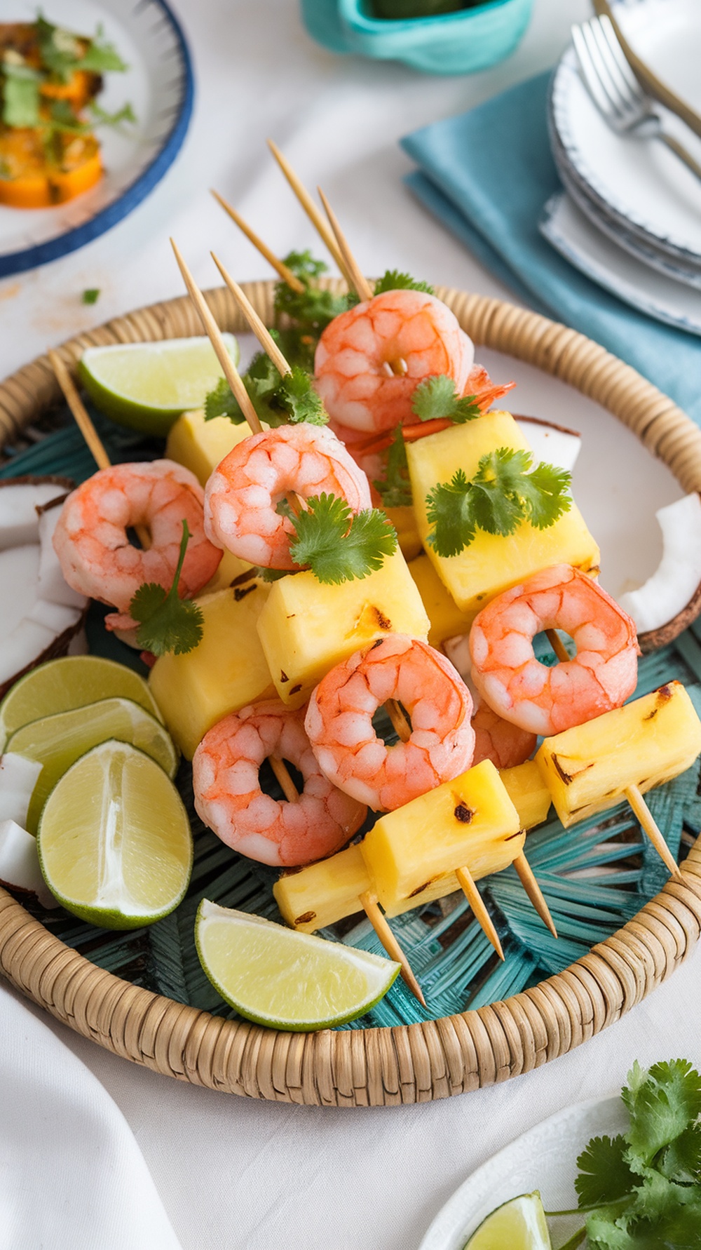 Pineapple Coconut Shrimp Skewers on a platter with lime and coconut