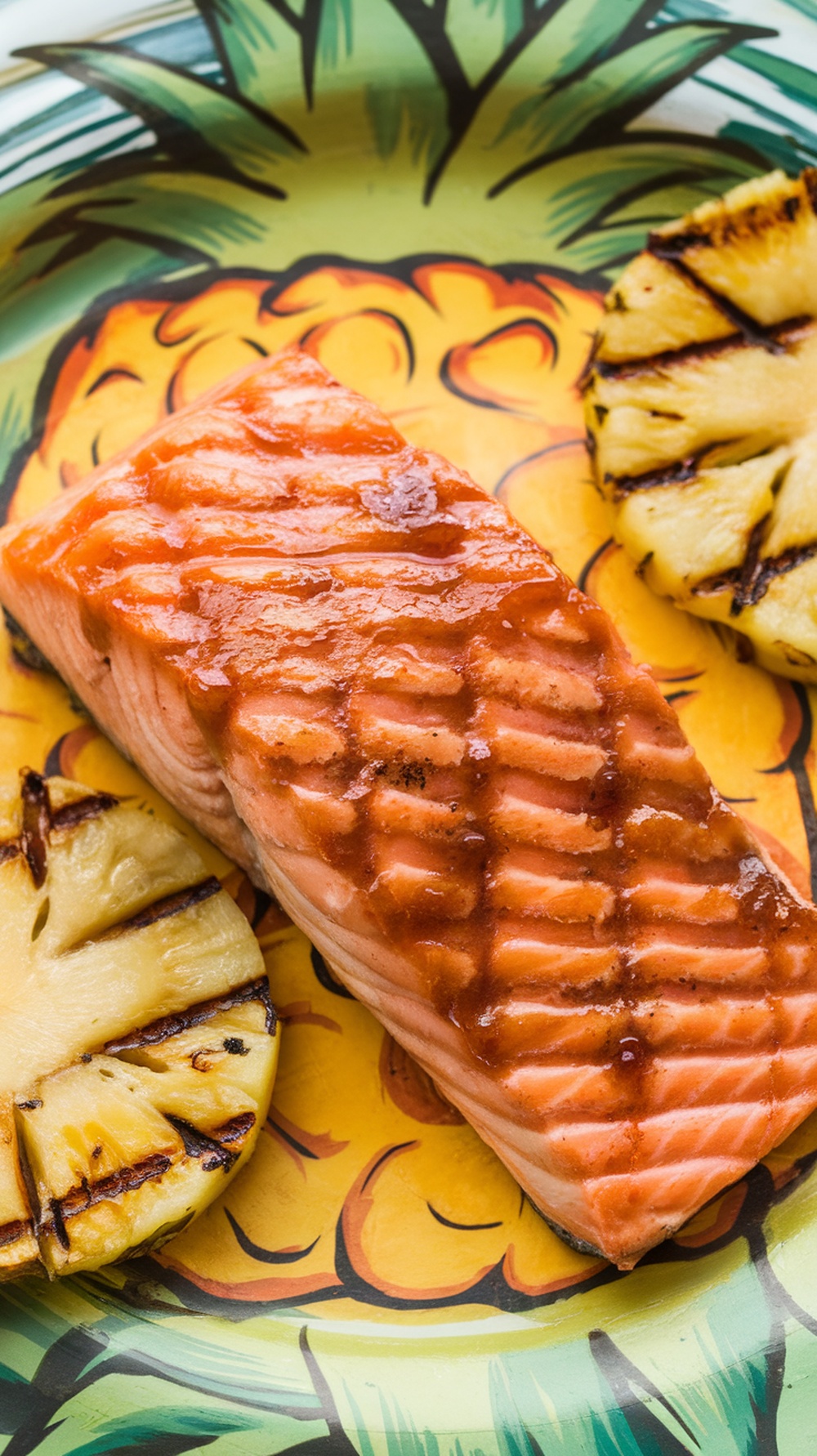 Grilled salmon fillet with teriyaki sauce and grilled pineapple slices on a colorful plate.
