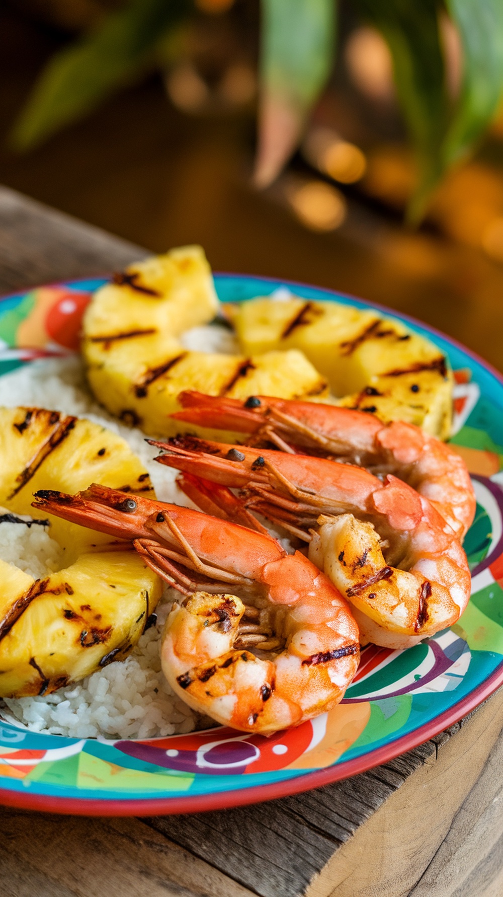 Grilled shrimp with pineapple served on a colorful plate