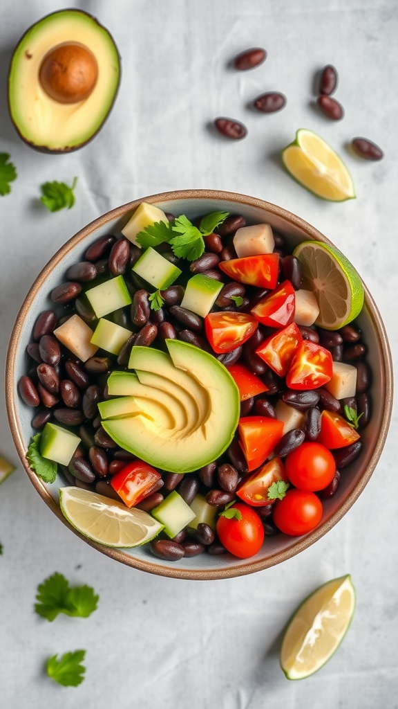 A colorful bowl of protein-packed bean and avocado salad with black beans, cherry tomatoes, cucumber, and lime.