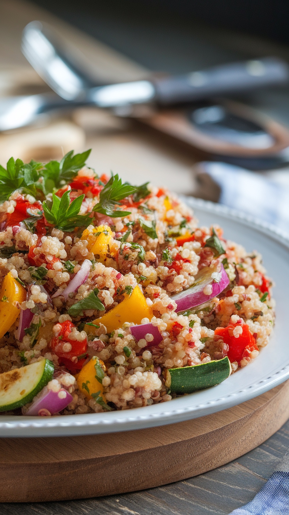A vibrant quinoa and roasted vegetable salad served in a bowl, featuring colorful bell peppers, zucchini, and parsley.