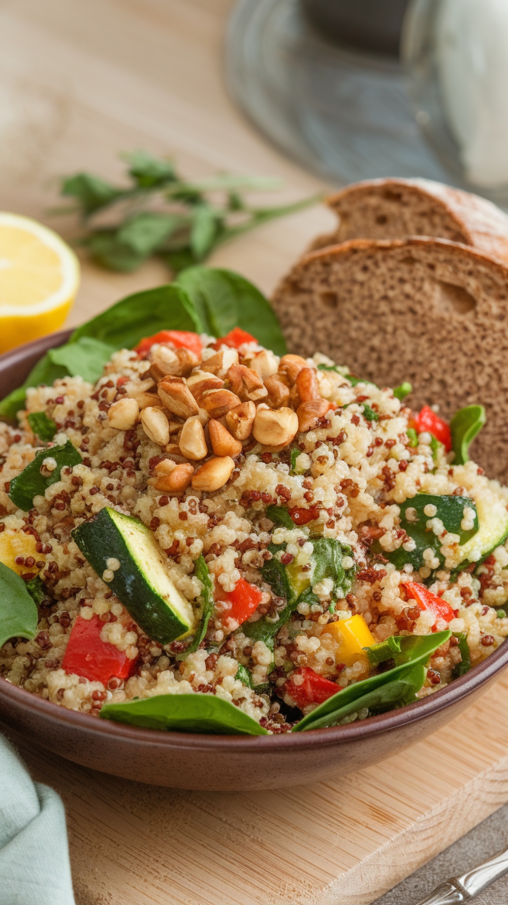 A bowl of quinoa spinach salad with roasted vegetables and peanuts on top.