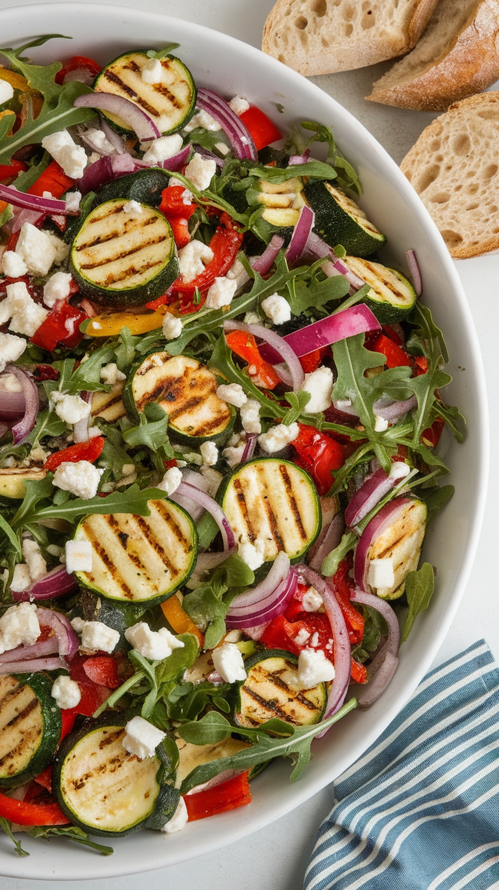A colorful grilled vegetable salad with feta cheese, arugula, and sliced bread on the side.