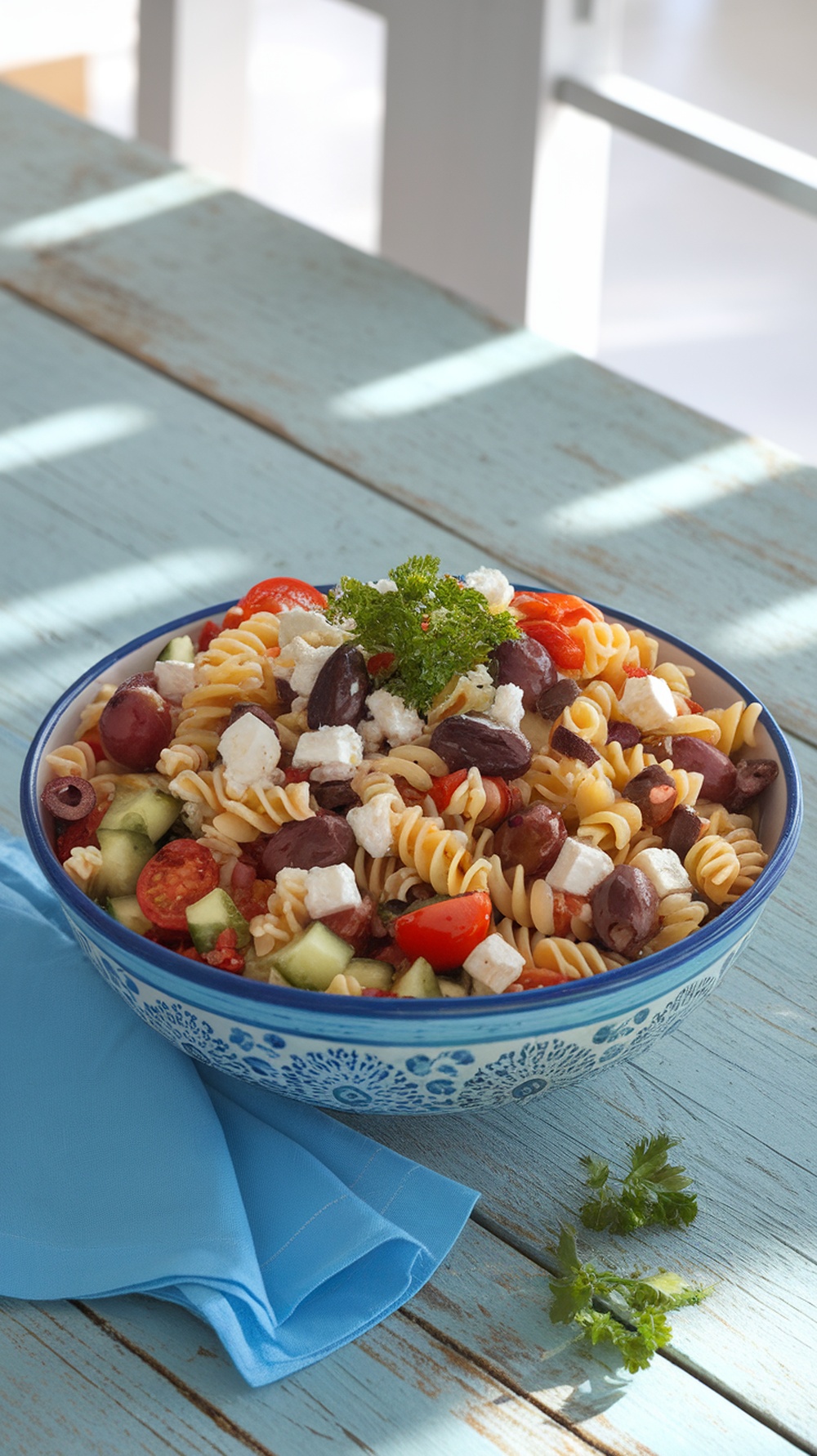 A vibrant Mediterranean pasta salad with feta cheese and olives in a blue bowl on a rustic table.