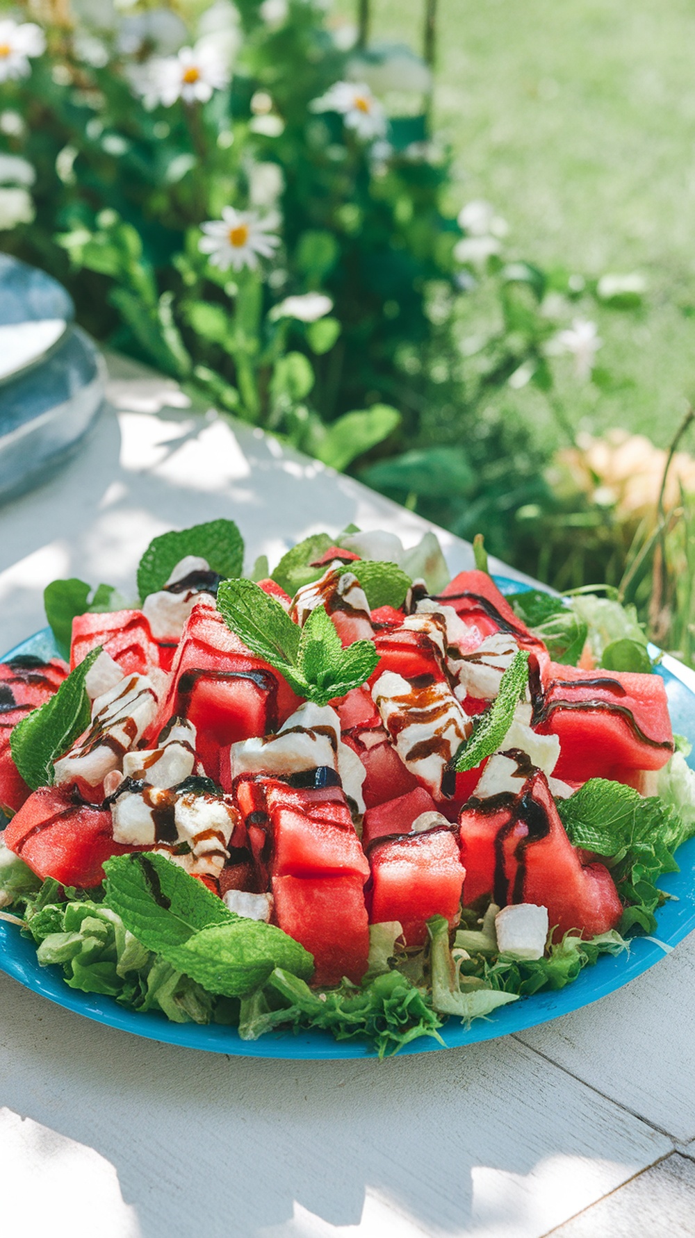 A vibrant watermelon and feta salad garnished with mint leaves, served on a blue plate.