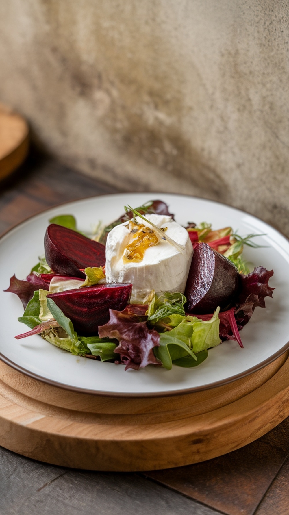 A plate of roasted beet and goat cheese salad with mixed greens and walnuts.