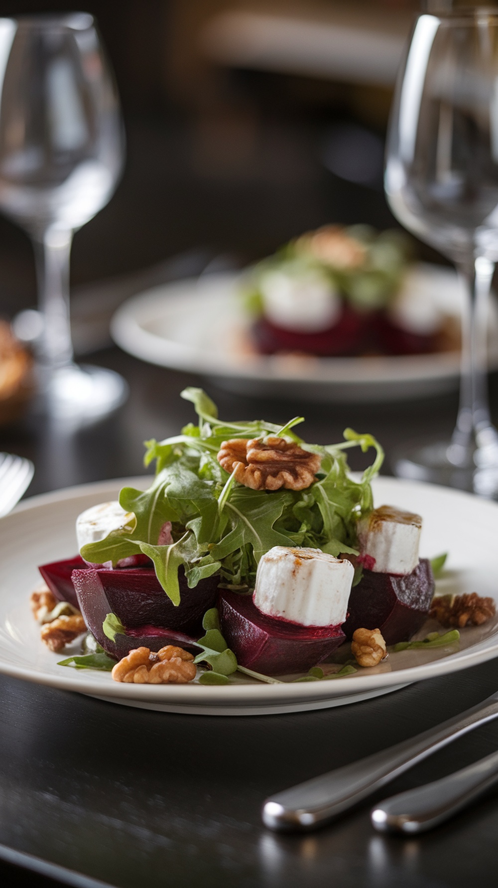 A gourmet roasted beet and goat cheese salad with mixed greens and walnuts on a plate.