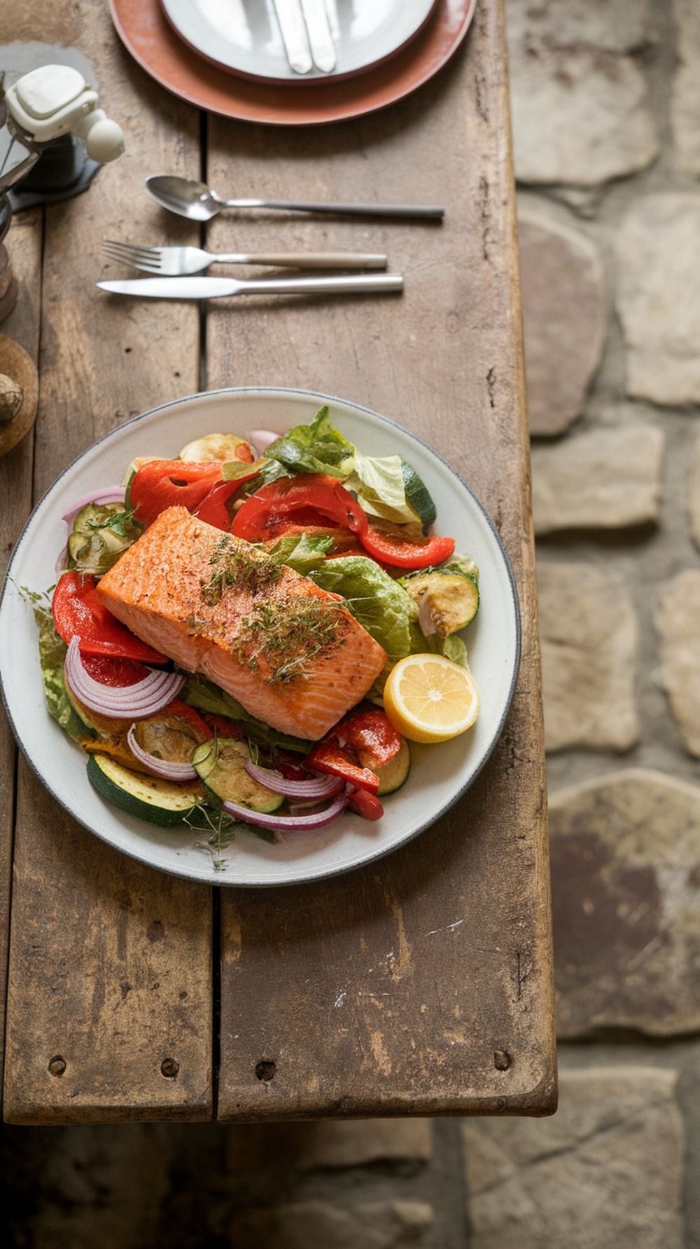 A delicious roasted veggie and salmon salad on a plate, featuring colorful vegetables and a lemon slice.