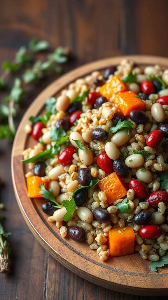 A colorful Savory Bean and Barley Salad with roasted vegetables on a wooden plate.