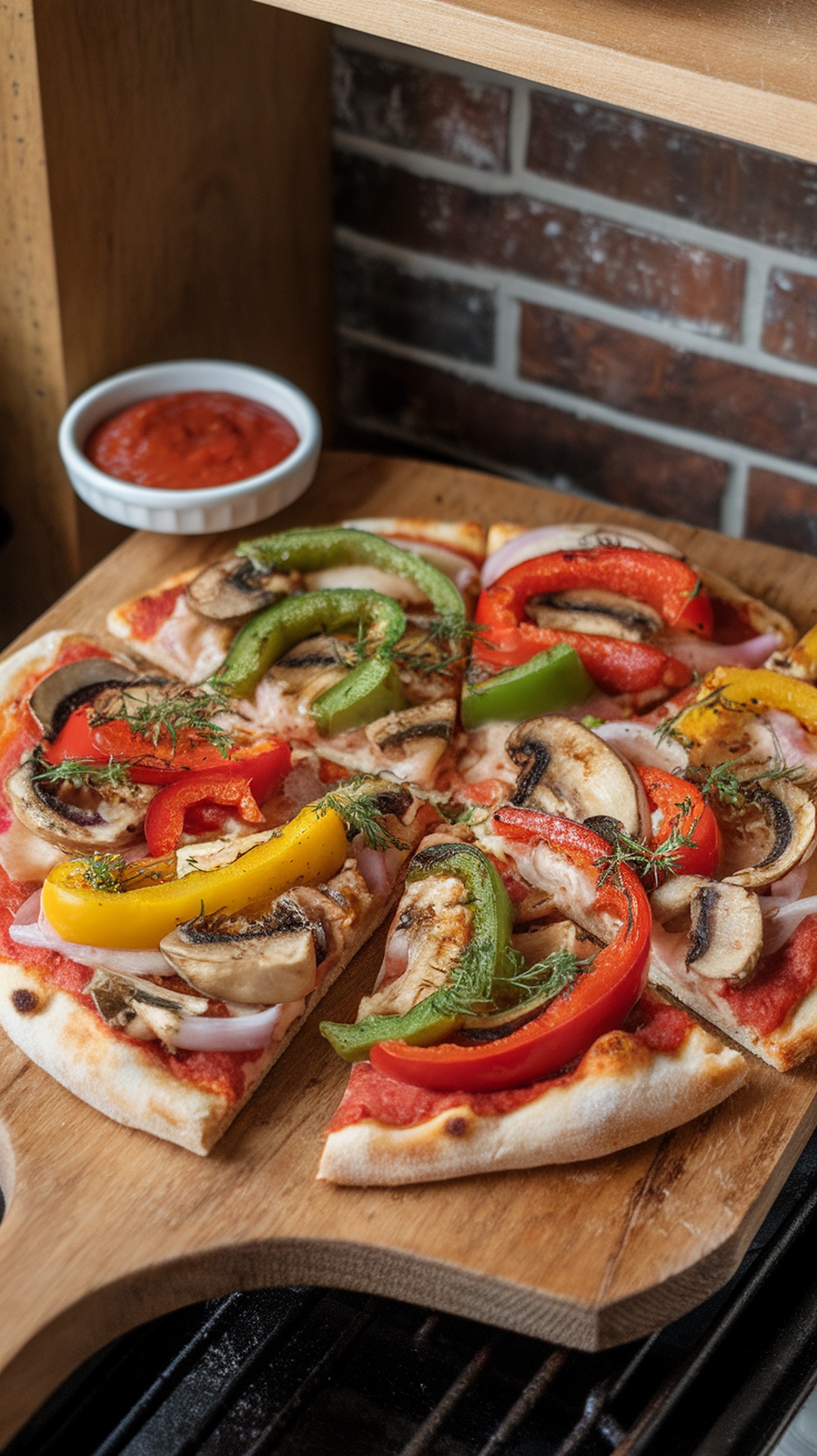 A delicious grilled vegetable pizza topped with colorful bell peppers, mushrooms, and fresh herbs on a wooden board.