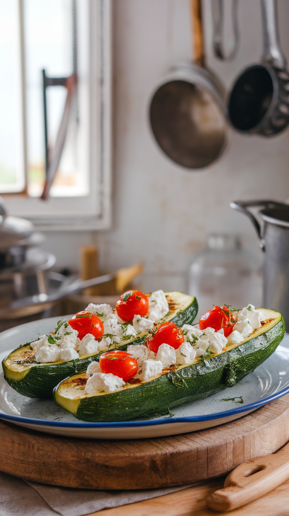 Grilled zucchini boats filled with feta cheese and cherry tomatoes on a wooden board.