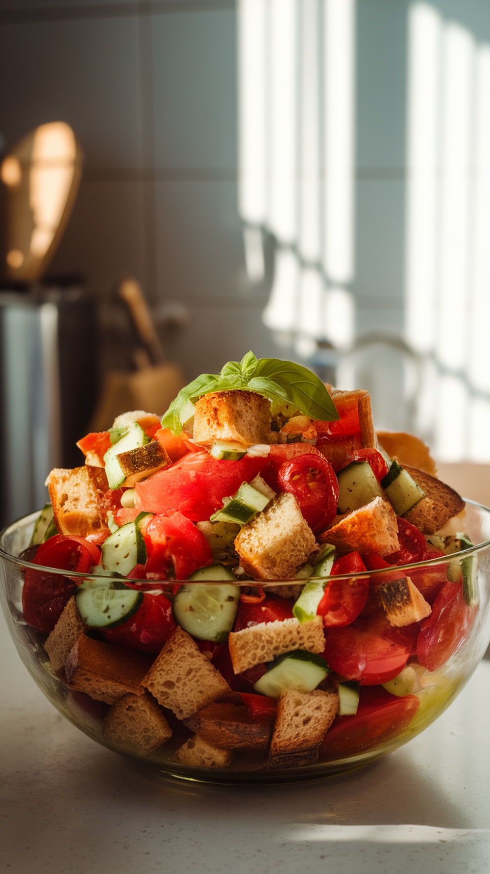 A bowl of Panzanella salad with bread cubes, tomatoes, cucumbers, and basil.