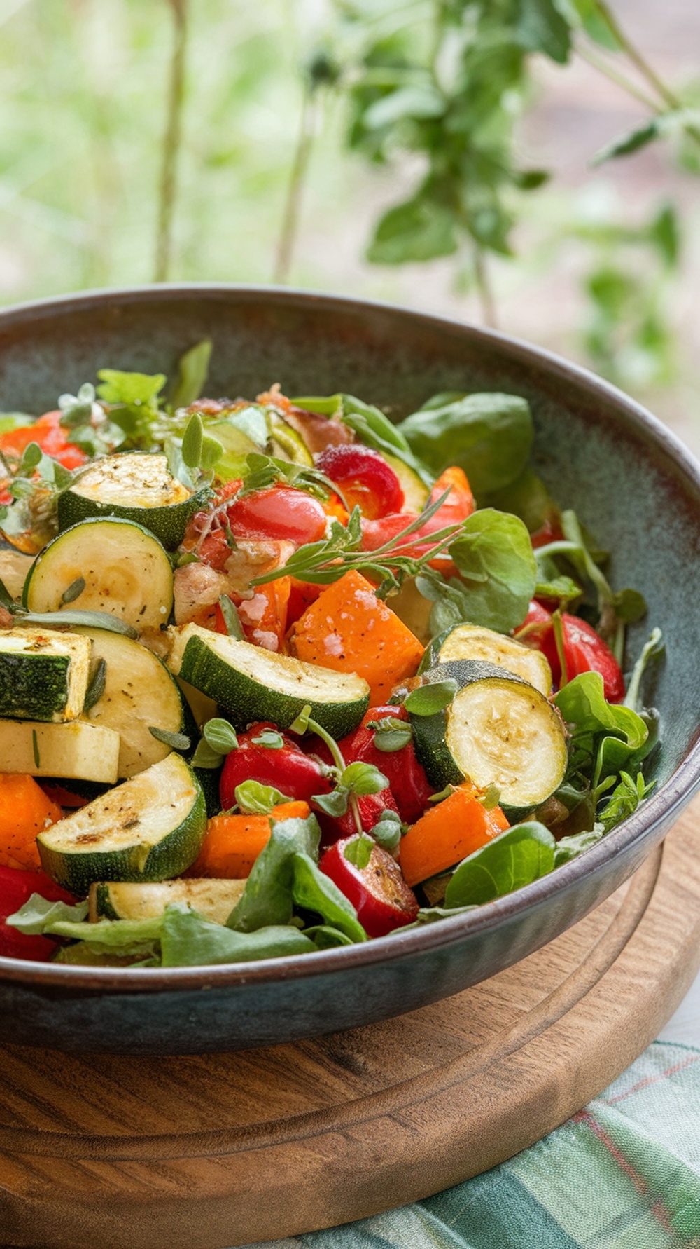 A colorful bowl of seasonal roasted vegetable salad with mixed greens, zucchini, bell pepper, and tomatoes.
