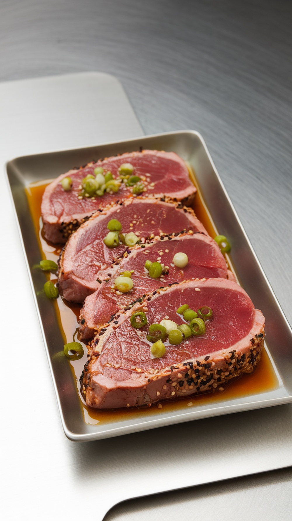 Grilled tuna steaks marinated in sesame soy sauce, garnished with green onions and sesame seeds.
