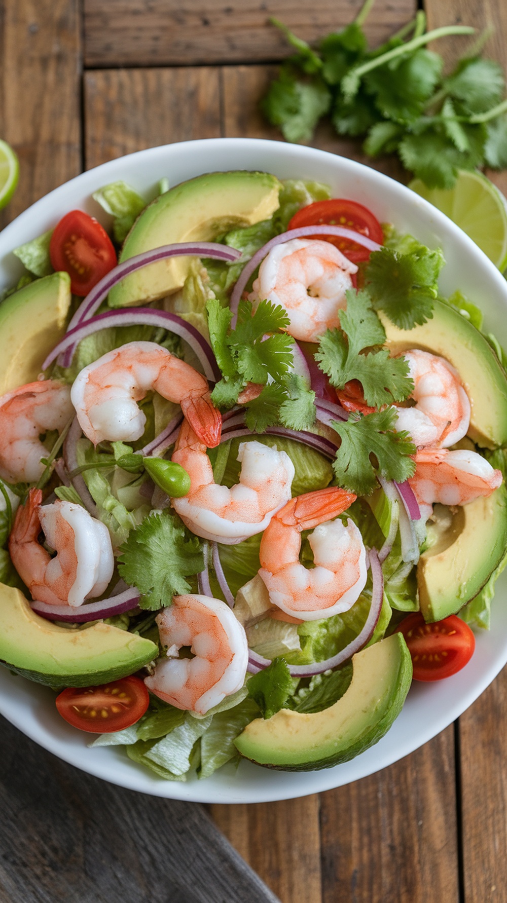 A vibrant shrimp and avocado salad with lime vinaigrette, featuring shrimp, avocado slices, mixed greens, cherry tomatoes, and red onion.
