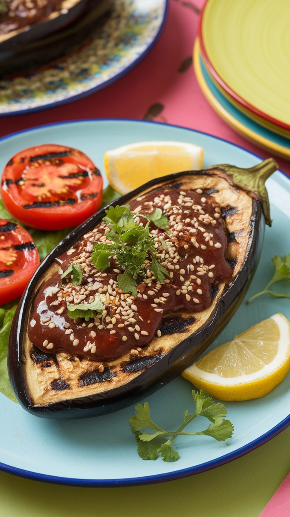 Grilled eggplant topped with sauce and garnished with herbs and sesame seeds, served with grilled tomatoes and lemon.