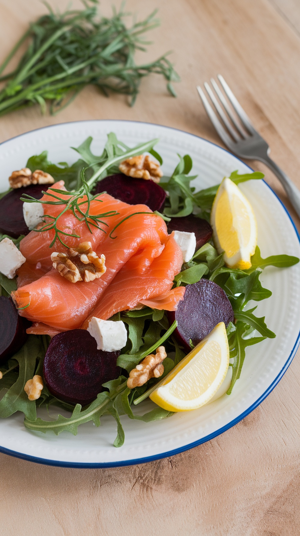 A vibrant smoked salmon and beetroot salad with arugula, feta cheese, walnuts, and lemon wedges.