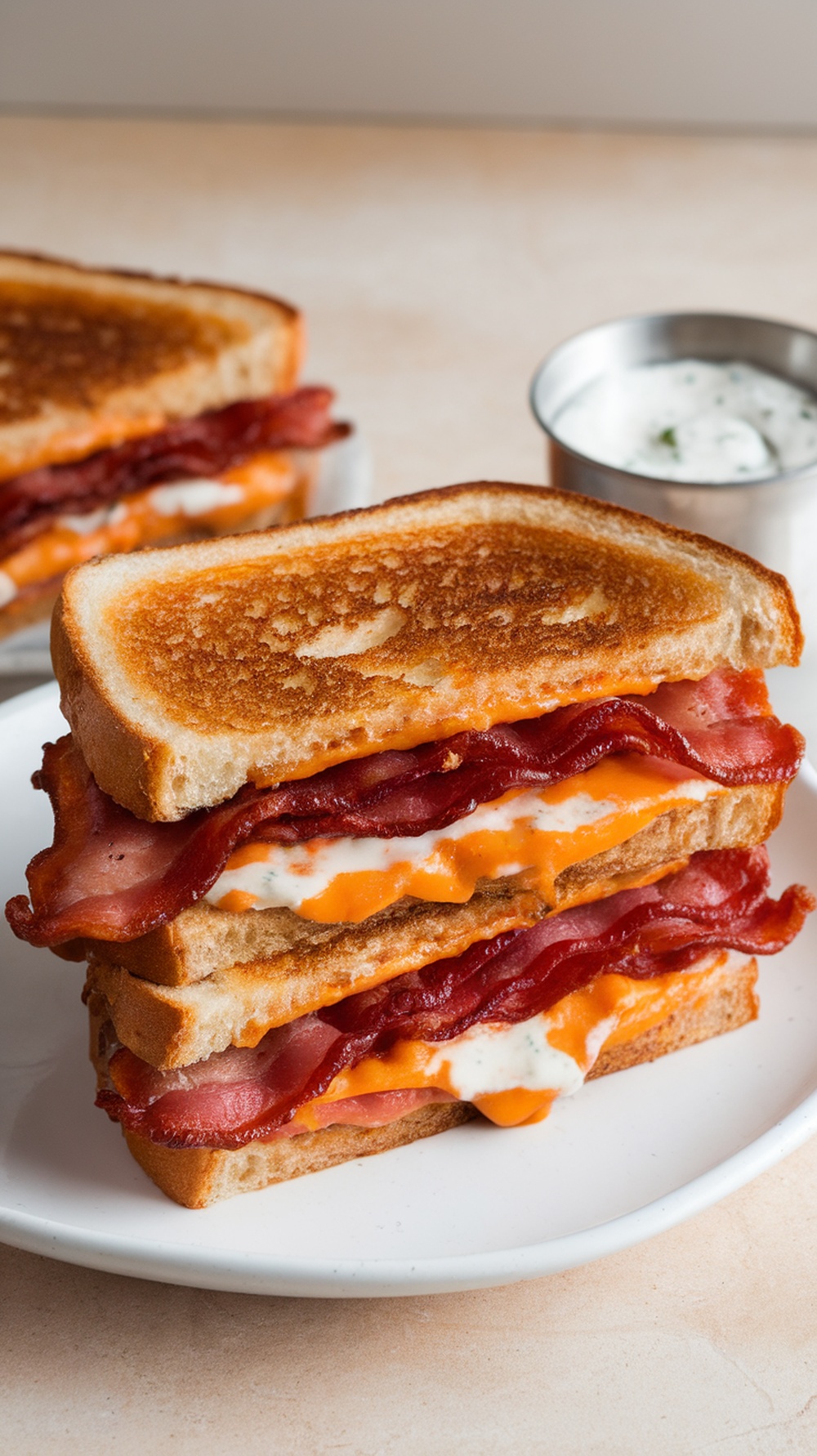 A plate of Smoky Bacon and Cheddar Grilled Cheese sandwiches with crispy bacon and melted cheese.