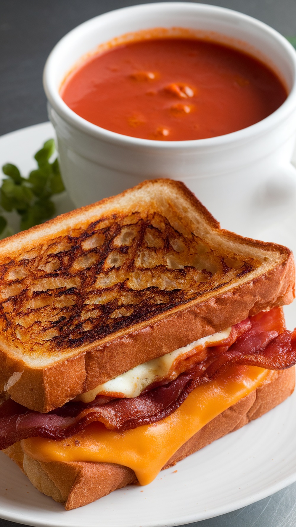 Smoky Bacon and Gouda Grilled Cheese sandwich with tomato soup