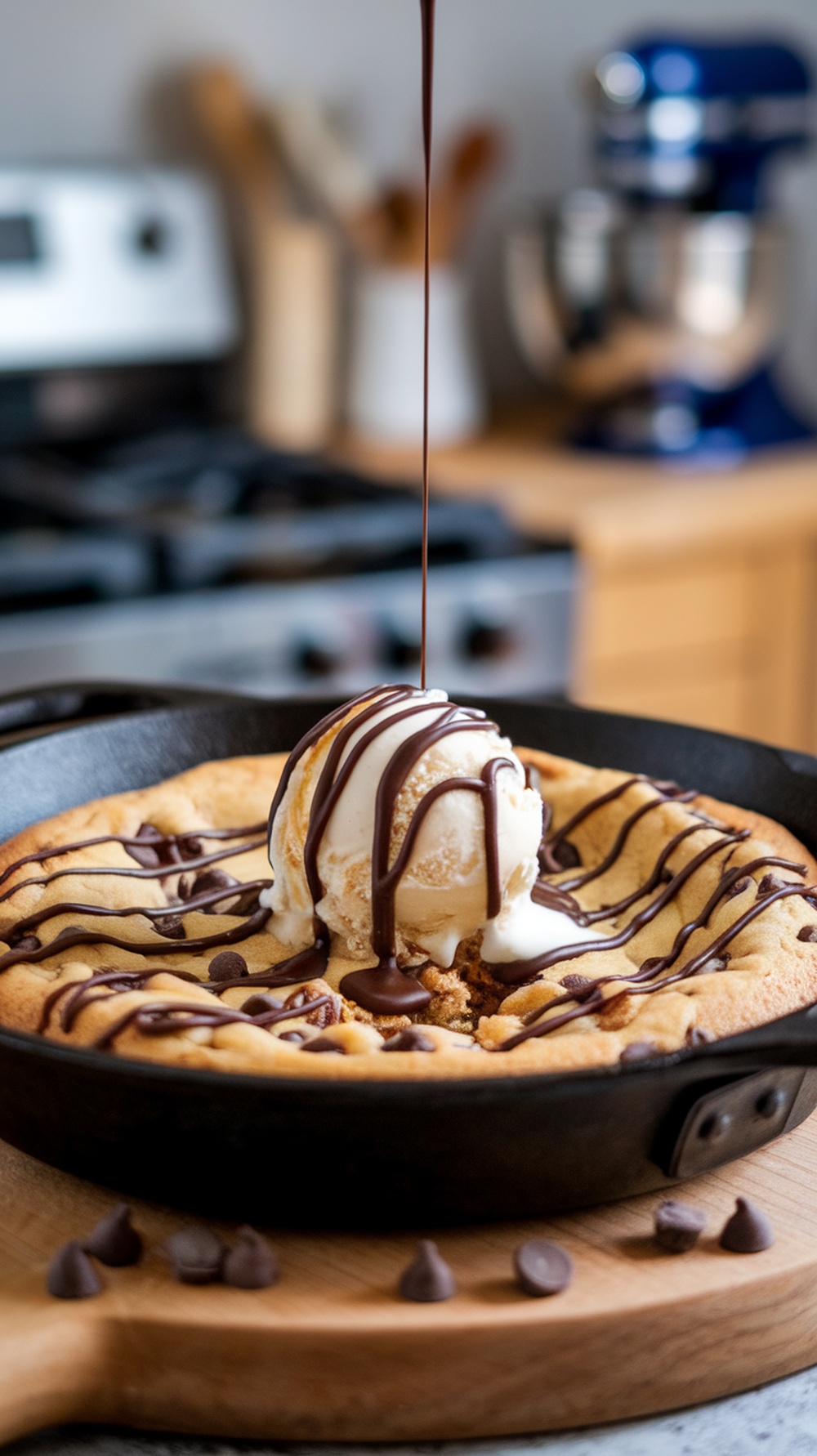 A delicious Smoky Chocolate Chip Cookie Skillet topped with ice cream and chocolate sauce.