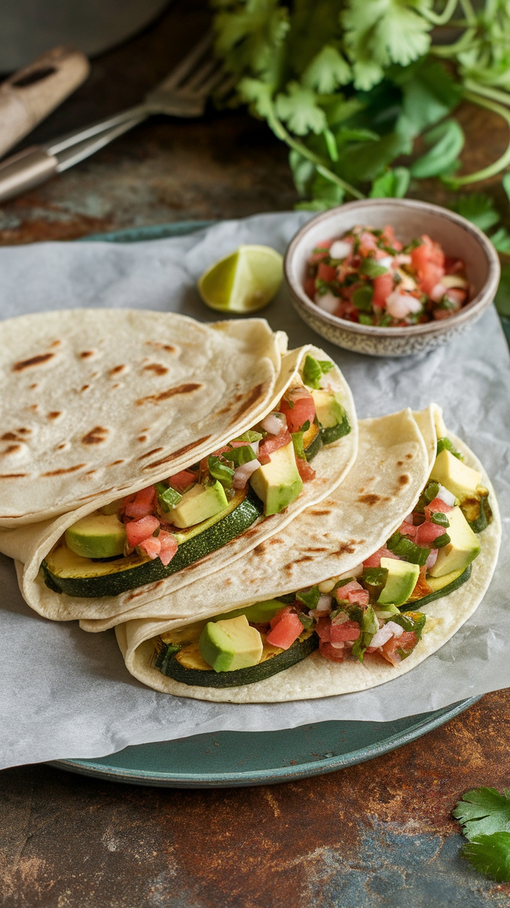 Smoky grilled zucchini tacos with avocado and pico de gallo