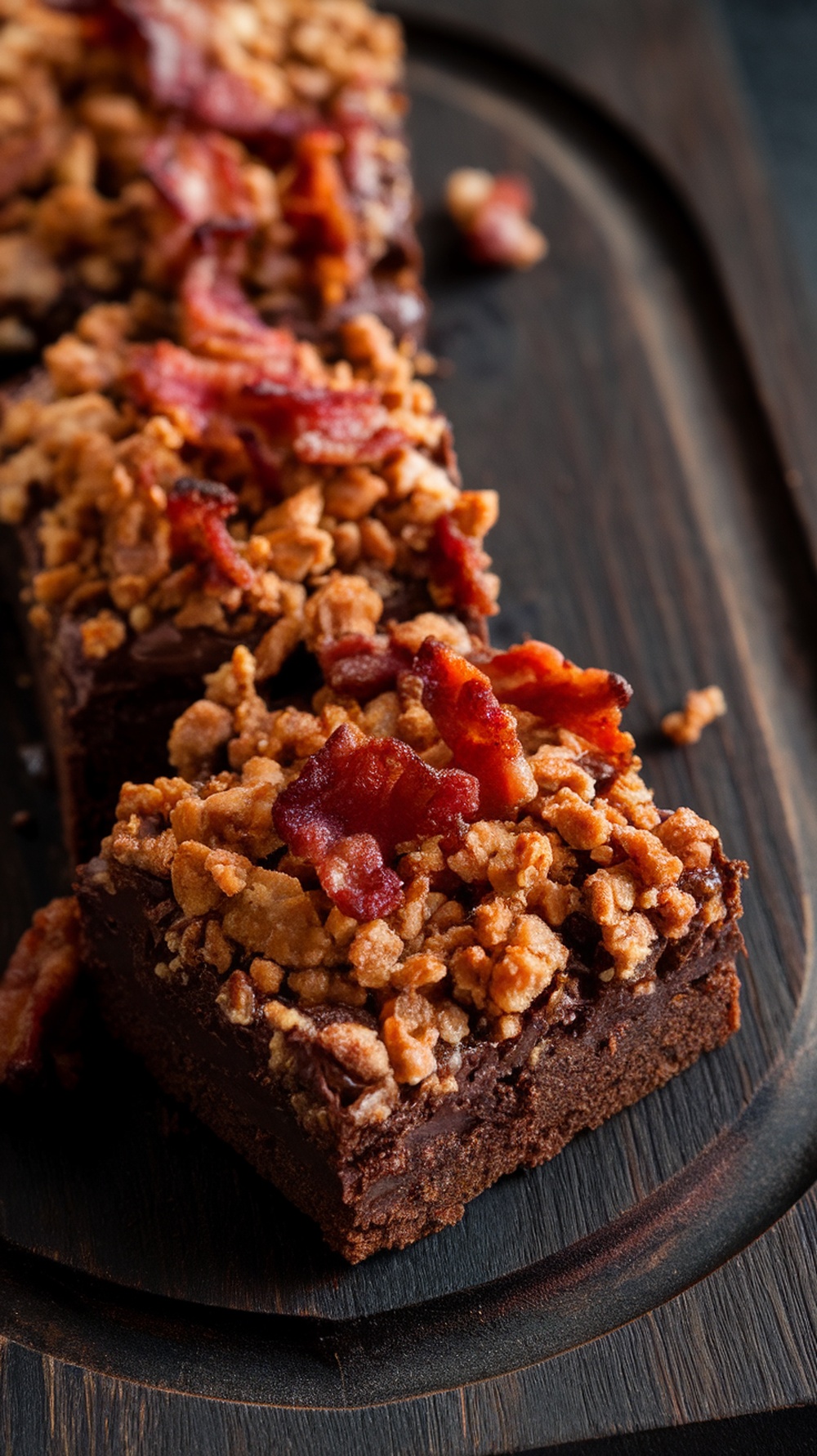 Delicious Smoky Maple Bacon Brownies topped with crispy bacon on a wooden platter.