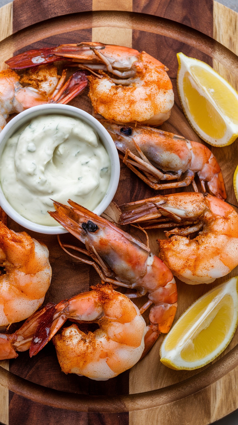 A plate of grilled prawns seasoned with smoky paprika, served with a dipping sauce and lemon wedges.