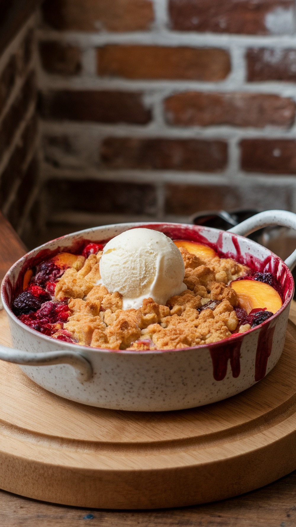 A delicious smoky peach and berry crumble topped with a scoop of vanilla ice cream.