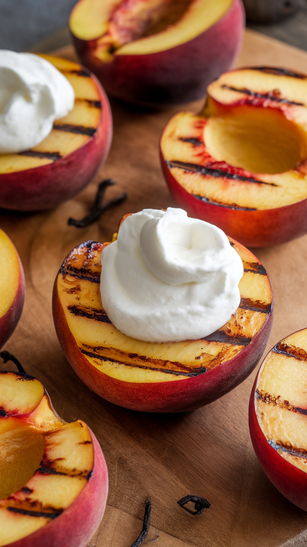 Grilled peaches topped with whipped cream on a wooden board