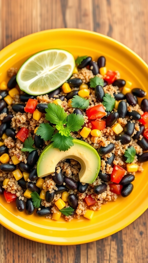 A colorful Southwest Black Bean and Quinoa Salad served in a yellow bowl, garnished with lime and avocado.