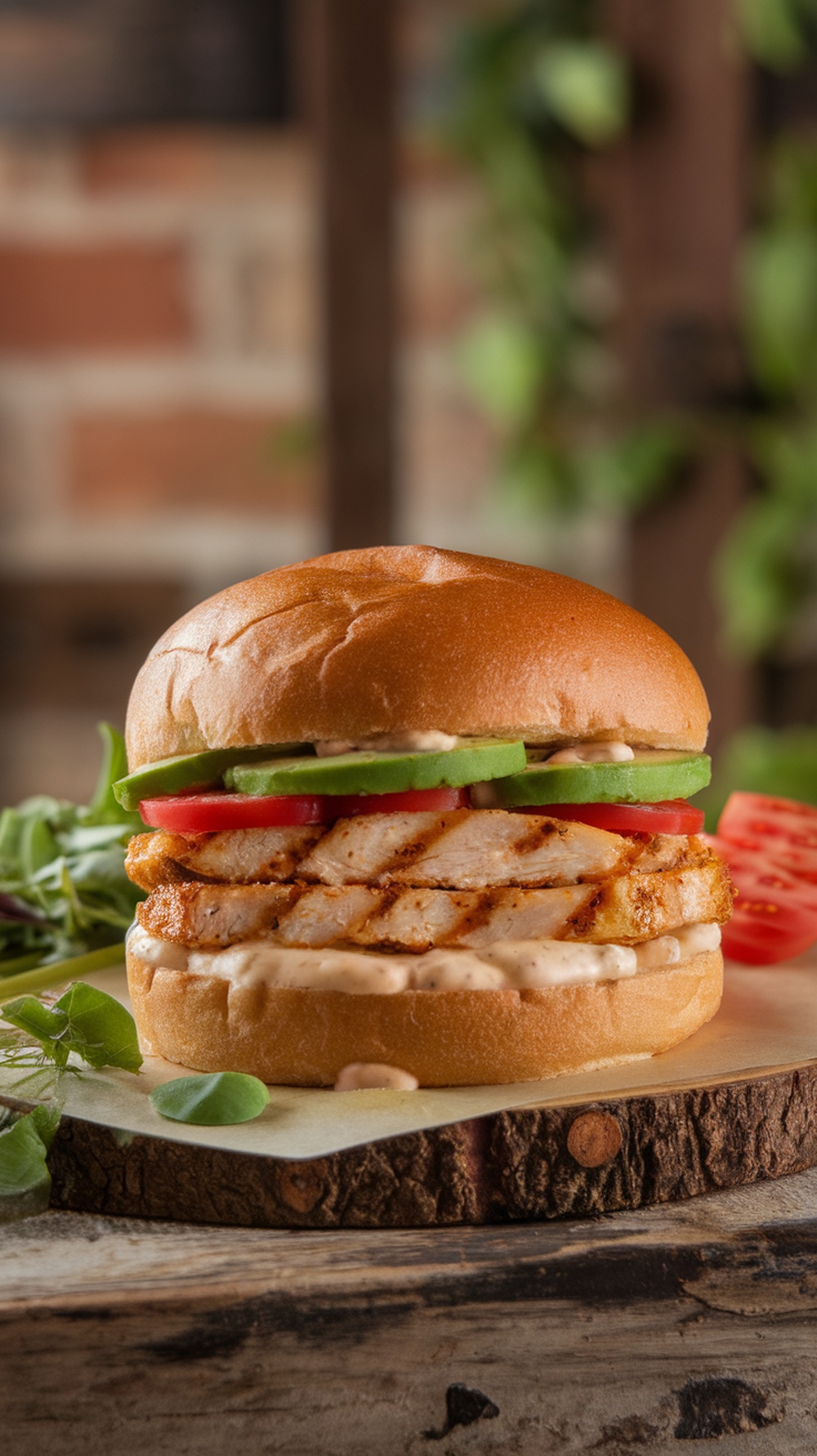 A delicious Southwestern Grilled Chicken Sandwich with avocado, tomato, and lettuce on a wooden board.