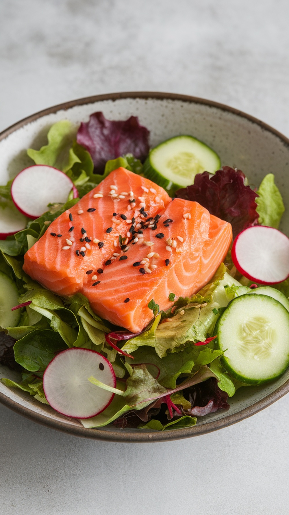 A bowl of Spicy Asian Salmon Salad featuring salmon, mixed greens, cucumber, and radishes.