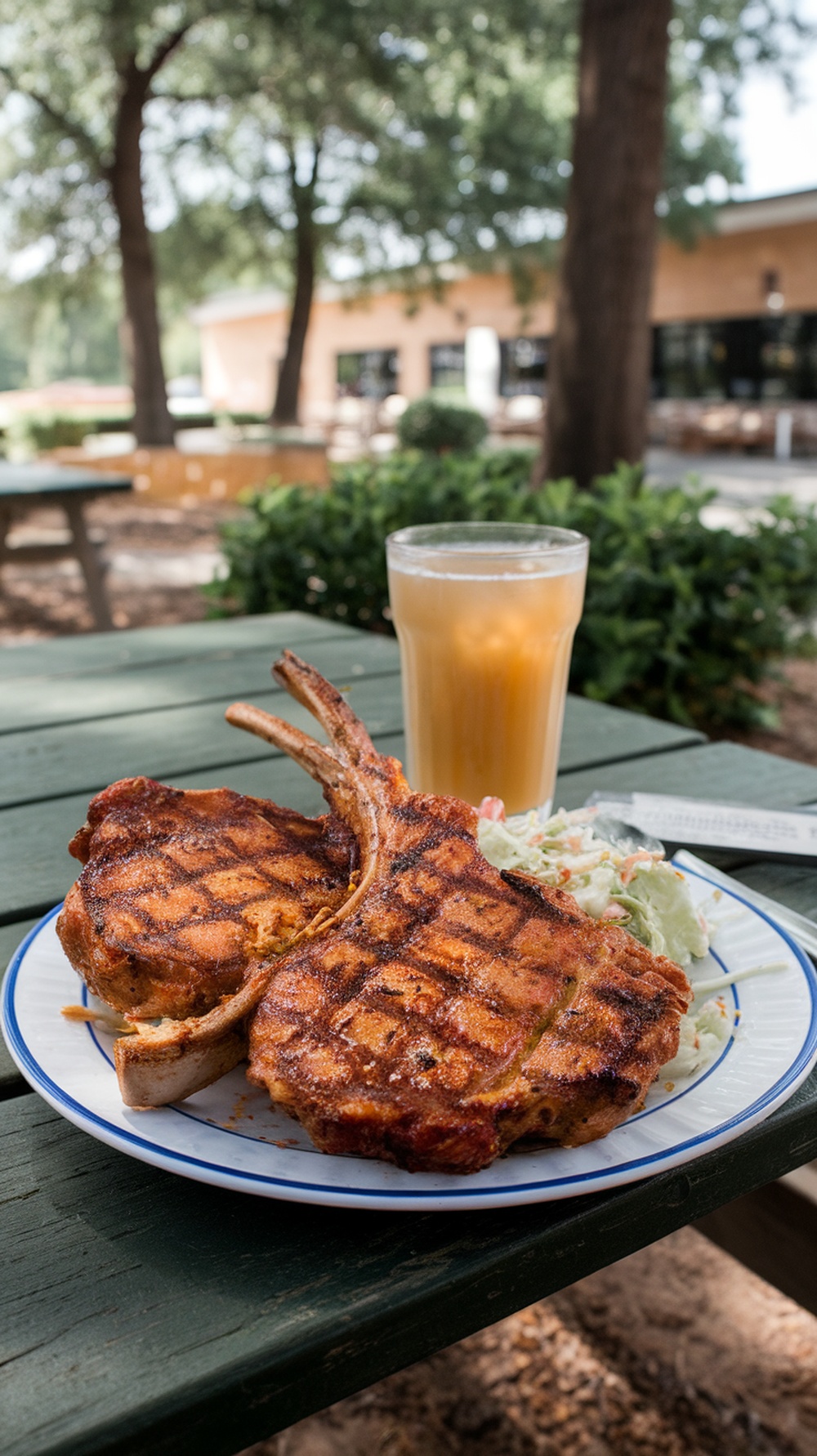 Spicy Cajun Grilled Pork Chops served with a side salad and a drink