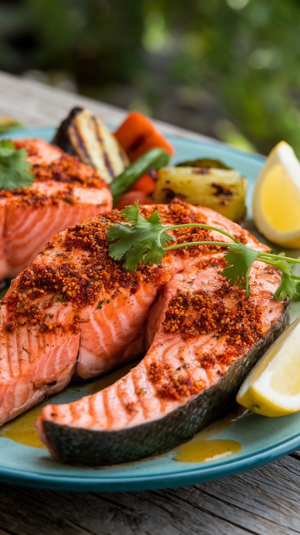 Grilled salmon steaks seasoned with Cajun spices, served with grilled vegetables and lemon wedges.